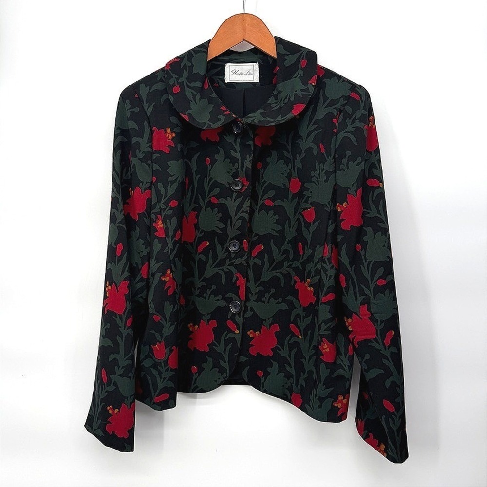Hsiu-lin Floral Blazer Jacket Peter Pan Collar Button Up Vintage Style Size MD**